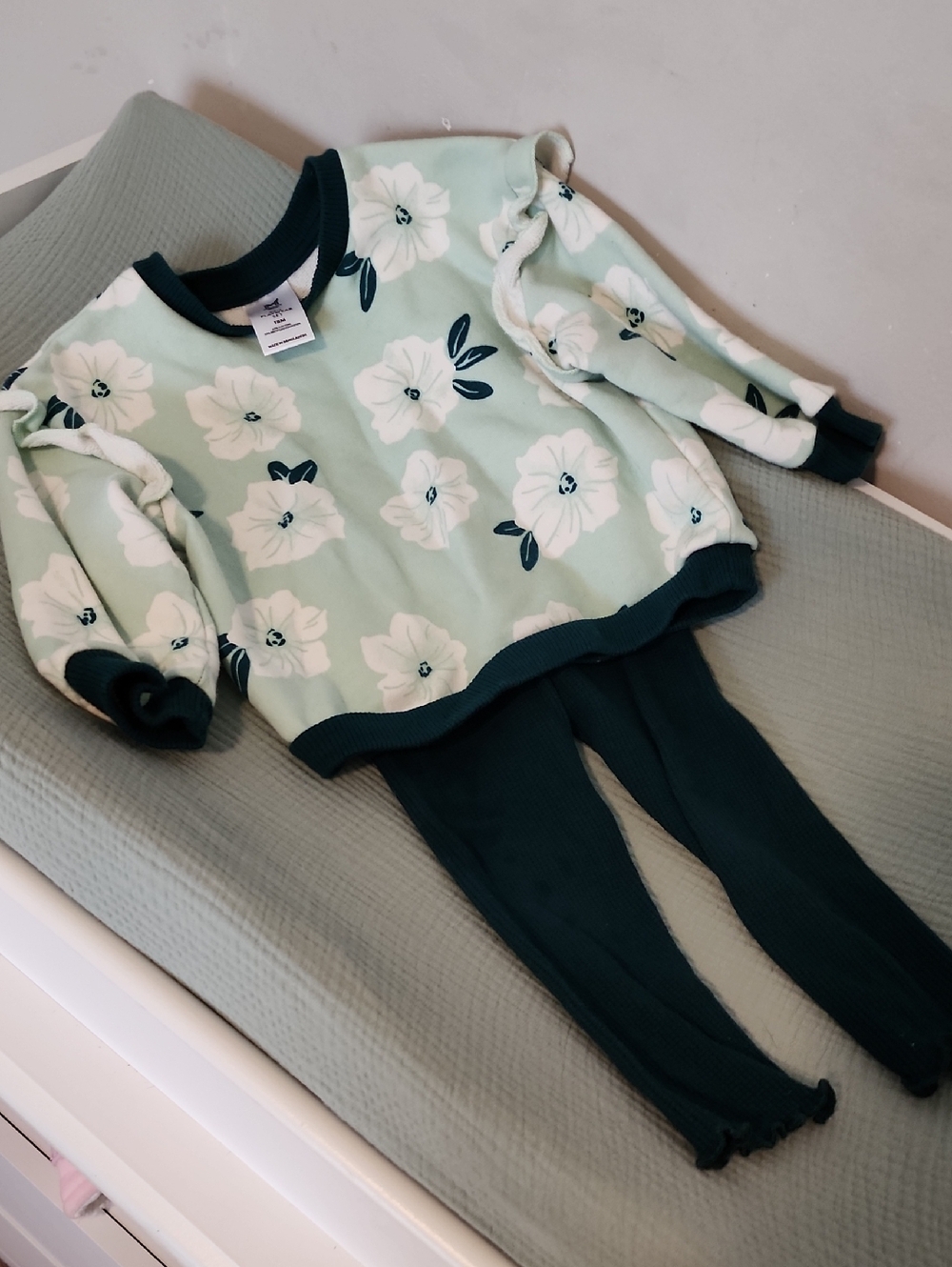 Girls' Floral Mint Green Pajama Set with Dark Green Trim